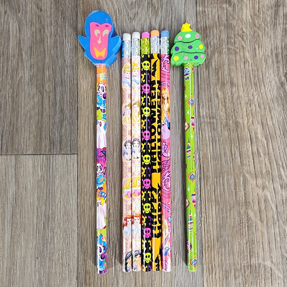Vintage Lisa Frank Disney Hannah Montana Pencil Lot with Eraser Toppers 7pc